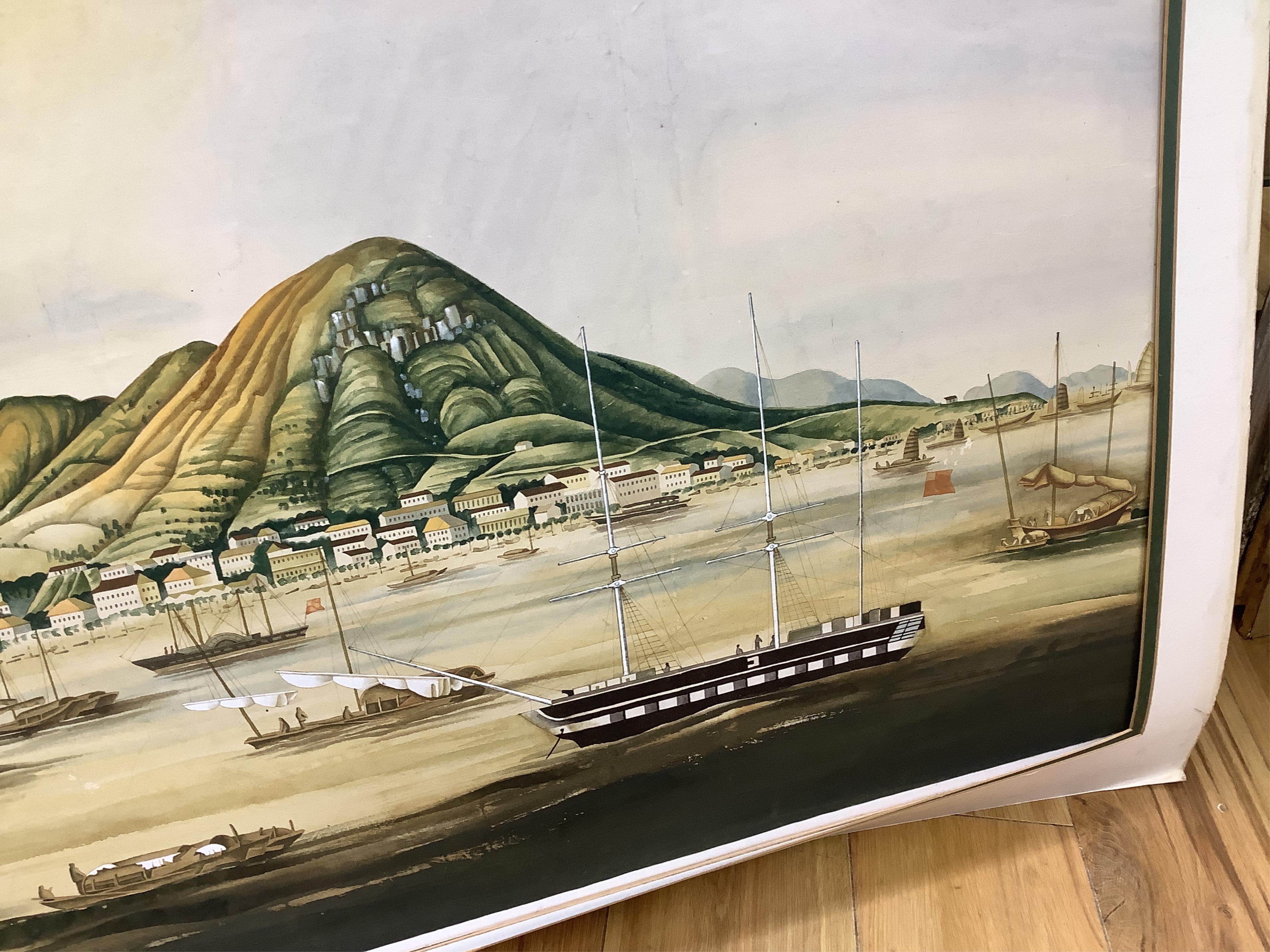 Chinese School, Harbour view with boats and junks, unsigned, gouache, mounted, unframed, 73 x 135cm